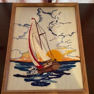 Vintage framed embroidery sailboat sunset